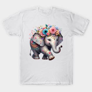 An elephant decorated with beautiful colorful flowers. T-Shirt